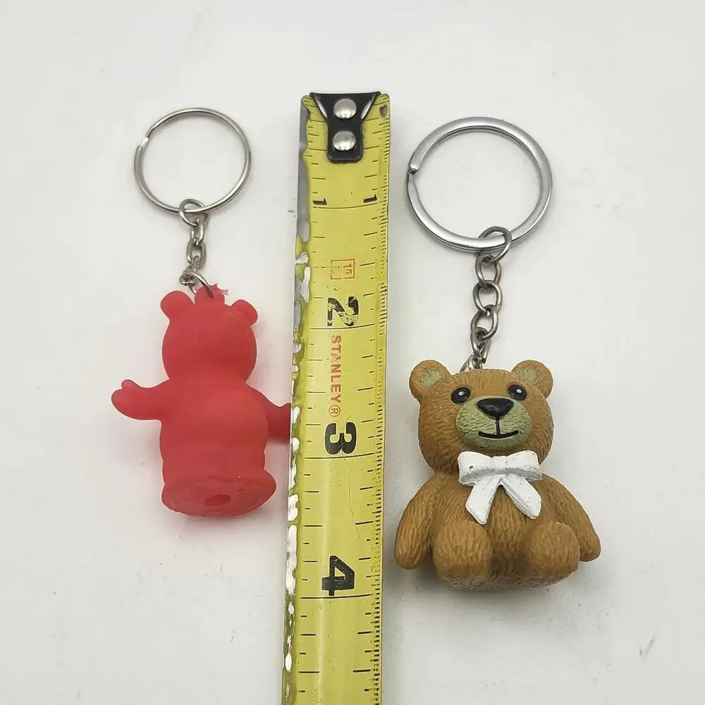 Lot of 2 Teddy Bear Keychain Charms Red Rubber Bear Brown Teddy With White Bow